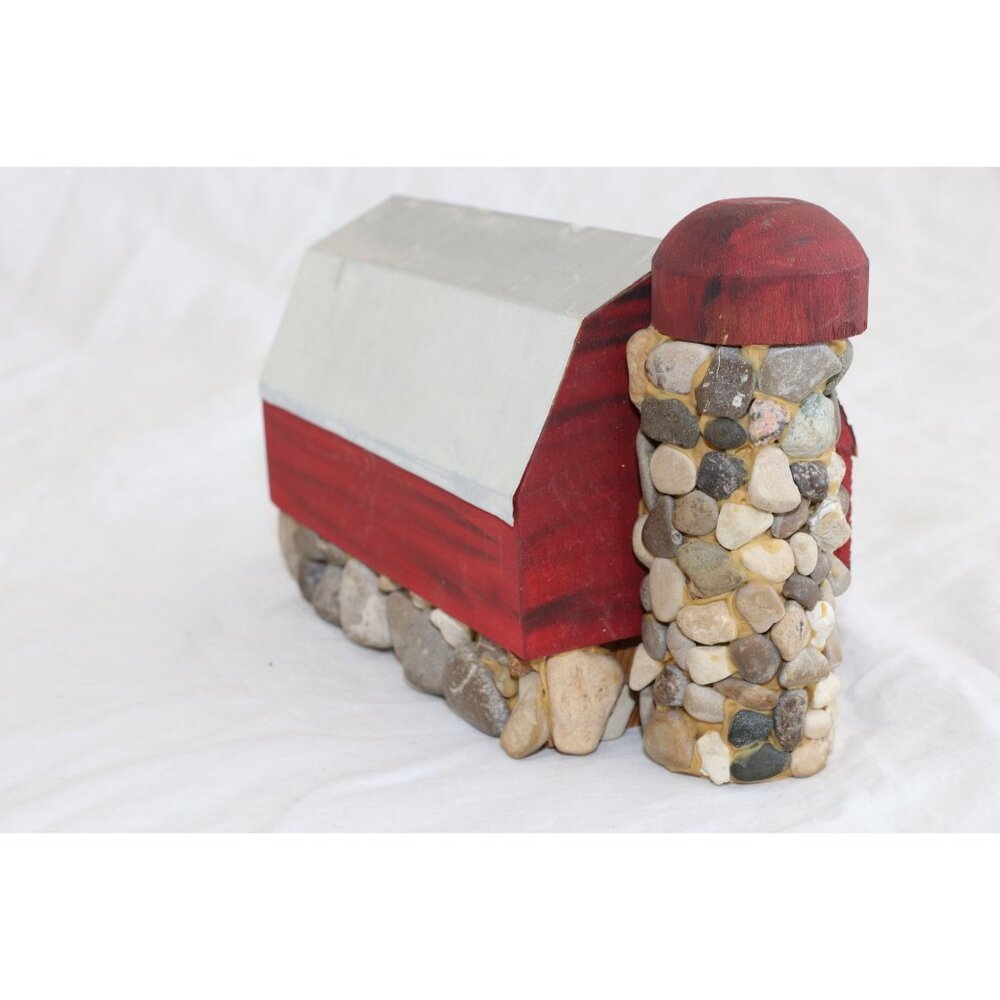 Vtg "Red Barn With Stone Silo" Stone Folk Art Work T. Johnston Tree Hugger JVC